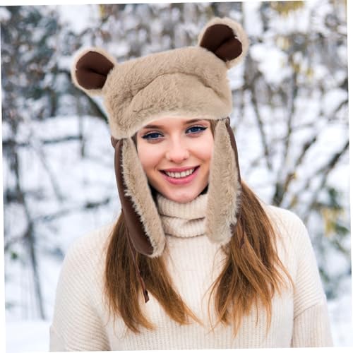Mikinona Cute Bear Ear Winter Hat for Women and Unisex Plush Thermal Earflap Beanie Windproof Outdoor Headgear for Cycling Hiking and Skiing Adorable and Warm with Ear Protection Coffee4
