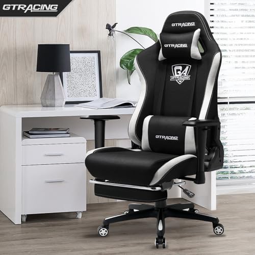 GTRACING Gaming Chair with Footrest, Fabric Breathable Big and Tall Ergonomic Computer Chair 350 lbs with Adjustable Lumbar Support and Recliner, High Back Game Chair for Office Gaming, Black