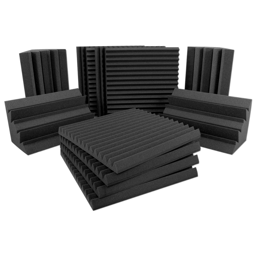 Sonimon Acoustic Espuma acustica Kit 8 Wedges Studiofoam 60 x 60 x 5 cm Paneles acusticos mas 4 Trampas de Graves LENRD cobertura 4,32 m2