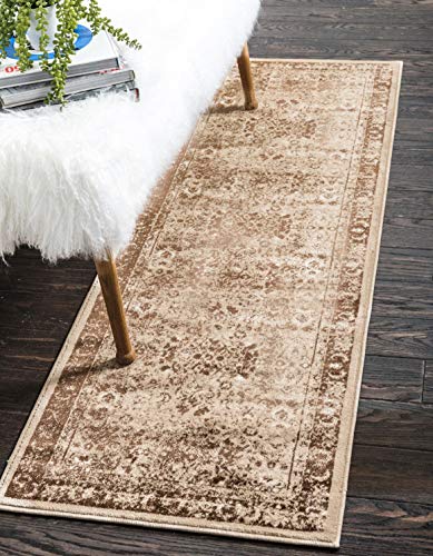 Unique Loom Imperial Collection Distressed, Modern, Traditional, Bright Colors, Vintage, Border Area Rug (2' 0 x 6' 0 Runner, Ivory/Dark Brown)