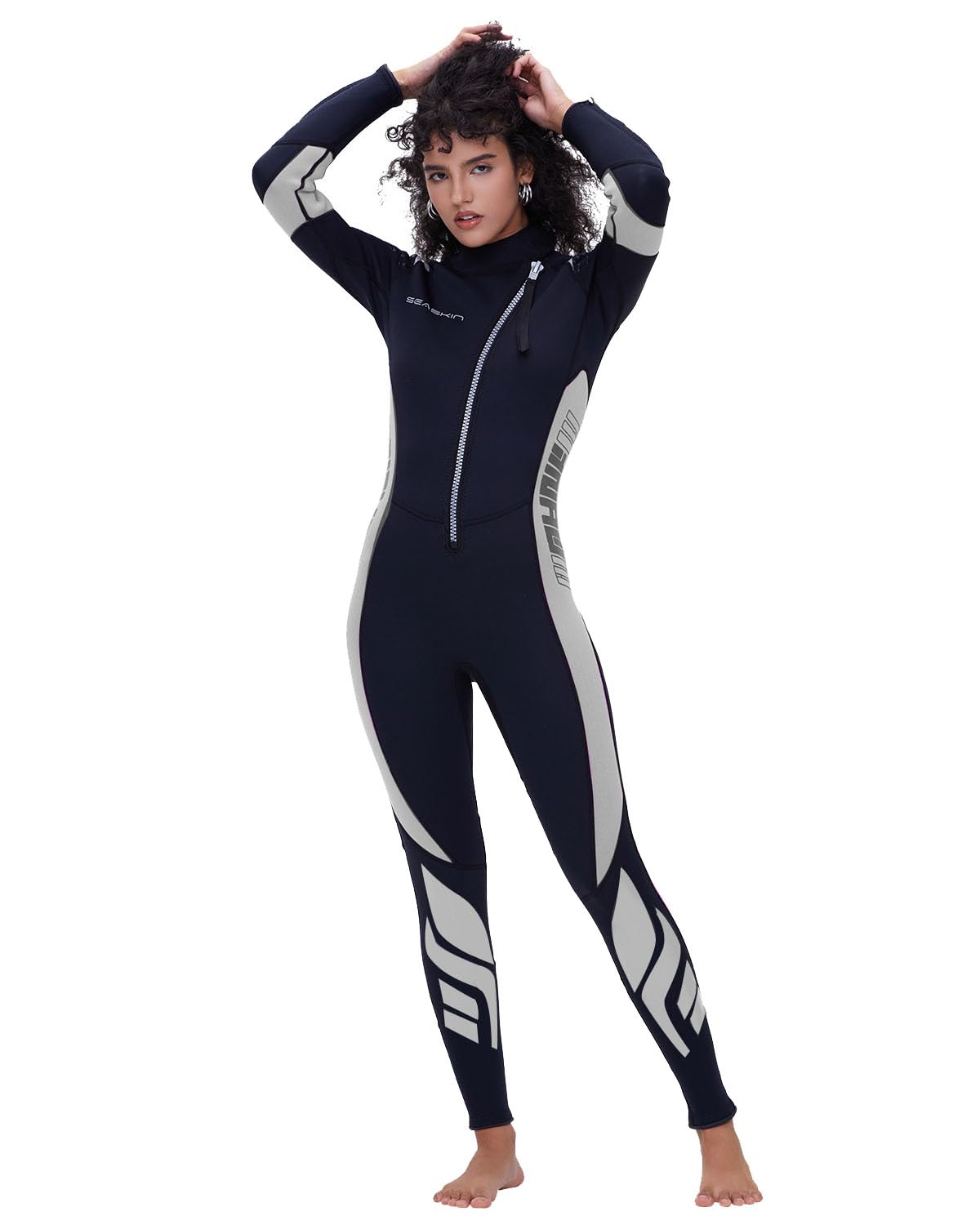 Seaskin Wetsuit Men Women 3mm Neoprene Full Body Diving Suits Front Zip Wetsuit for Scuba Diving Snorkeling Surfing Swimming (Womens Black+Gray, X-Large)