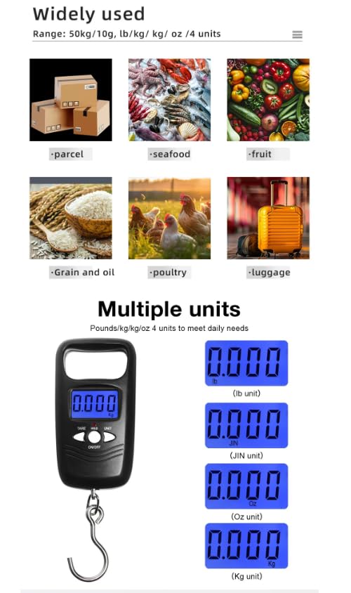 WH-A17 - Báscula digital de bolsillo para equipaje de 50 kg/10 g, báscula para colgar pesas, portátil, LCD, pesaje, anzuelo de pesca