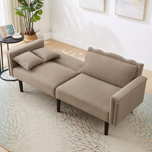 Moimhear Sofá de dos plazas, 176 x 72 x 72 cm, sofá con función reclinable, respaldo doble ajustable independientemente, adornos metálicos, tela de lino de algodón (marrón antiguo)