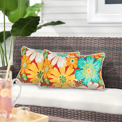 Magpie Fabrics Pack of 2 Outdoor Waterproof Lumbar Rectangular Throw Pillow with Insert 12x20 Inch, Home Decorative Toss Cushion for Patio Garden Car Office (Embry Red Hibiscus)