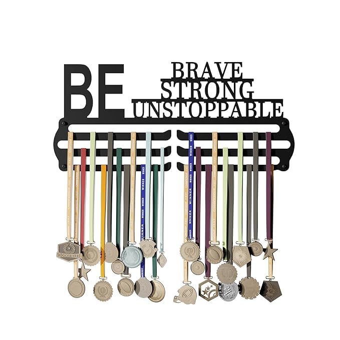 Glory Medal Hangers - Be Brave Strong Medal Holder - Large Metal Wall Display - Holds Up to 90 Medals - Black, Glossy Finish - Perfect for Kids and Athletes