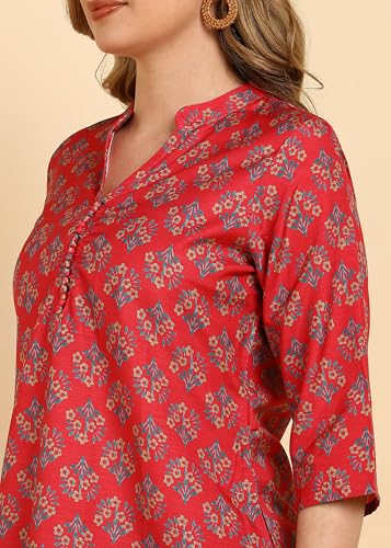 Image of Cotton Printed Co-ord Set, Red Rose, 3 /4 Sleeve Top with Mandarin Neck, Regular Fit Pants, Casual Wear