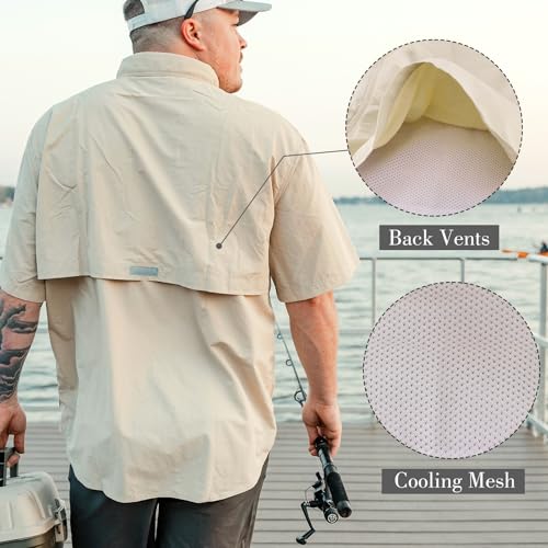 Men's Short Sleeve Fishing Shirts, Quick Dry UPF 50+ Sun Protection Shirts for Hiking, Camping, Beach (Khaki, Lake Blue)2