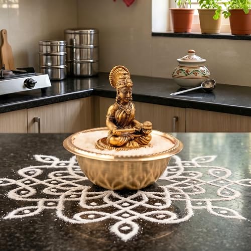 Image of anciently Pure Brass Annapoorani Statue with Rice Bowl - Maa Annapurna Devi Idol /Silai /Murti for Kitchen Vastu & Pooja Room, Gold Colour, 1 Set