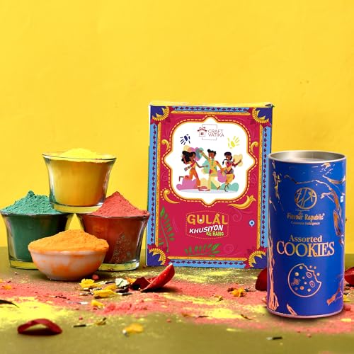 Image of CraftVatika Holi Colour Gift Hamper, Holi Gulal Color Shade 5, 400g Organic Colour Gift Combo, Safe Color with Cookies, gifts For Family and Friends, Festival Return Gifting