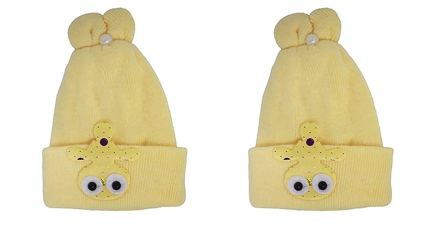 INAAYA Winter Knitted Cap For Toddler Baby Girls Boys Set Of 2 (Yellow)