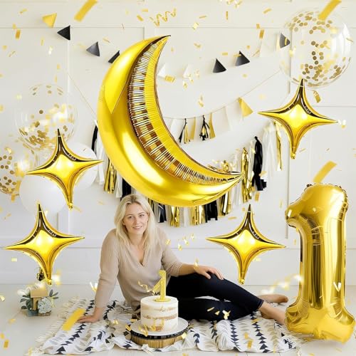 Image of 5 pcs 36 Inch Large Metallic Moon Shape Foil Balloon 18In Chrome Gold Foil Star Shaped for 70s Disco Dance Birthday Graduation New Year (Gold Moon Star 5pcs)