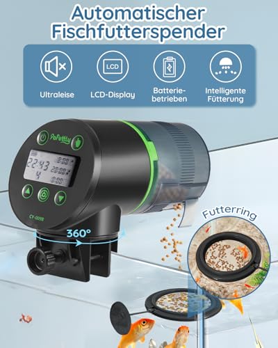 Futterautomat Aquarium, Automatischer Fischfutterautomat für Aquarium mit Batteriebetrieben, Fische Fischfutterspender 200ml, 2 AAA-Batterien im Lieferumfang enthalten, Fischfutterschwimmring – Bild 3