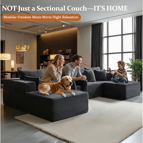 Image of 138 inch Oversized Cloud Sectional Couch, Comfort U Shaped Boneless Couch for Living Room, Extra Deep Seats No Assembly, Modular Sofa, Corduroy (Dark Grey, 3 Seater+Right Facing Chaise+Ottoman)
