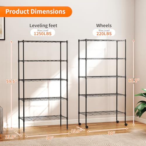 Image of BestOffice | 5-Tier Wire Storage Shelves with Wheels | 14 x 30 x 61 | Black | with Adjustable Racks | Heavy-Duty Metal Shelf, Holds Upto 1250 lbs | No-Tool Assembly | Ideal for Home & Garage Shelving