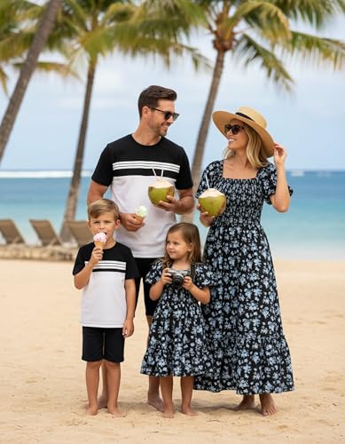 Image of PATPAT Family Matching Outfits Mommy and Me Dresses Floral Dress & T-Shirts | Mommy and Me Easter Dresses, Puff Sleeve Floral Sundress, Cotton Blend T-shirts, Couples Party Wedding Vacation Outfits