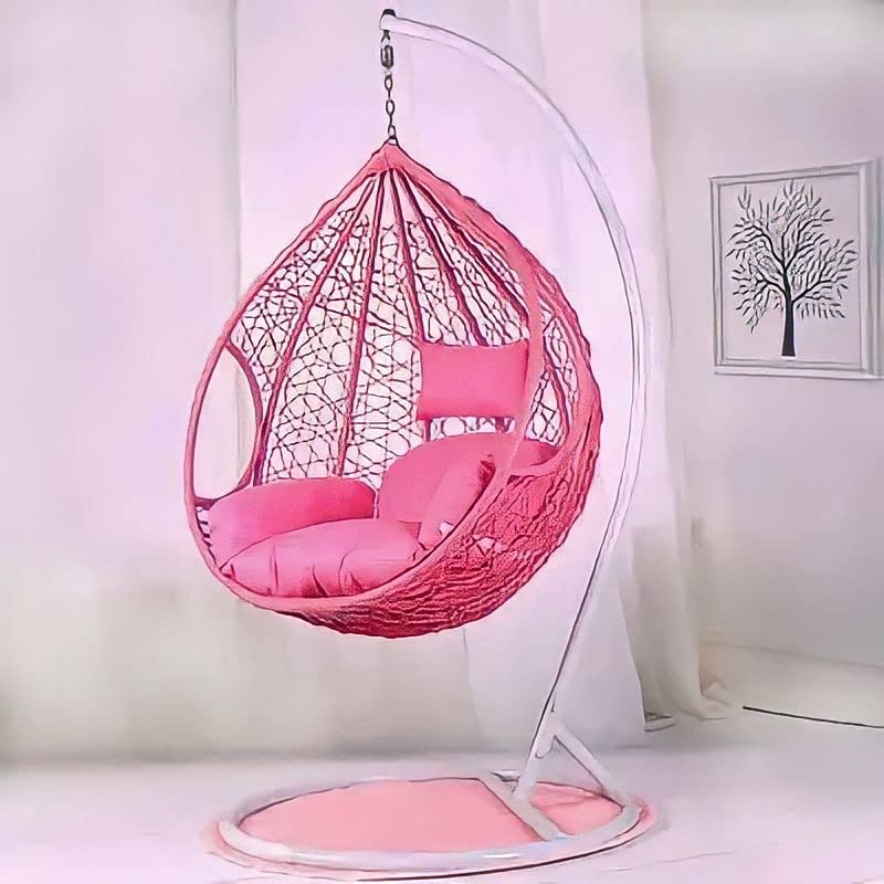 Image of Hindoro Rattan Wicker Wrought Iron Single Seater Swing Chair with Stand & Cushion & Hook Outdoor || Indoor || Balcony || Garden || Patio || Living Outdoor Furniture (Pink, Egg Shape)