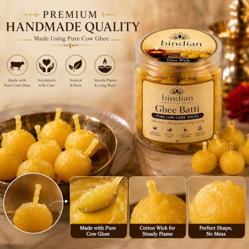 Image of Bindian Pure Cow Ghee Batti for Puja Pack of 100 | Ready to Use Handmade Cotton Ghee Wicks | Long Burning Diya Batti for Daily Puja, Aarti, Mandir, Temple, Diwali & Festivals | 100% Pure Cow Ghee, Smokeless & Non-Toxic, Steady Flame, Cotton Wick, For Puja & Aarti