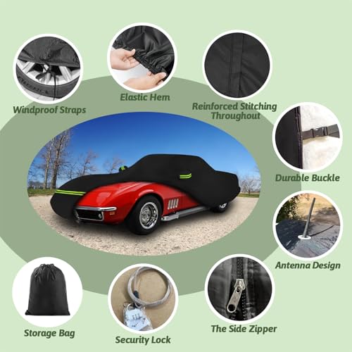 Image of Car Covers for 1968-1982 Corvette C3, 6 Layers 210T Waterproof All Weather Sun UV Rain Snow Outdoor Windproof Full C3 Car Cover with Cotton Lining & Door Zipper-Black