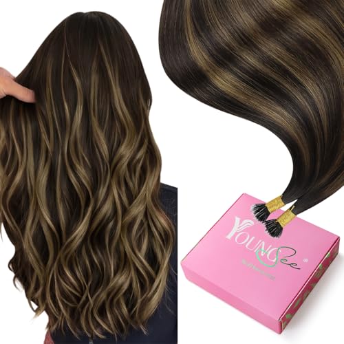 Image of YoungSee 20in Nano Bead Hair Extensions Human Hair Brown Nano Ring Hair Extensions Balayage Dark Brown Mix Medium Browns Nano-Tip Hair Extension Real Human Hair for Wedding 50 Strands 50g