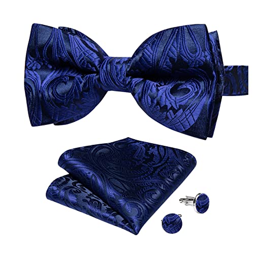 Image of DiBanGu Paisley Pre-Tied Bow Ties for Men Silk Adjustable Bowtie and Pocket Square Cufflinks for Wedding Party