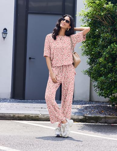 Image of Ekouaer Lounge Sets for Women Short Sleeve Tops and Long Pants Soft Comfy Pajamas Set 2 Piece Outfits