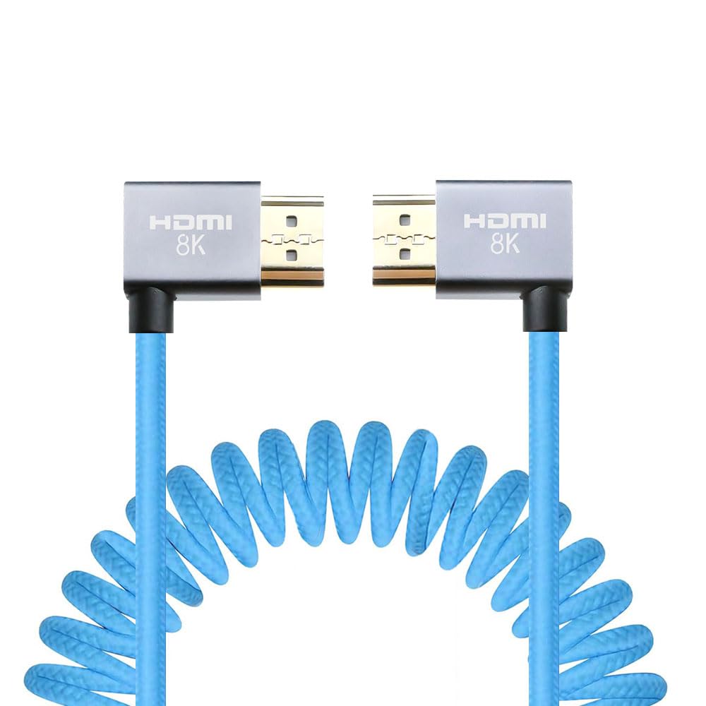 Uonecn 4K Coiled HDMI Cable for Camera HDMI Cable for Atomos Ninja V, Right Angle HDMI for Sony A7siii, Short HDMI Cord for Z-CAM F6, Z-Cam E2 Pro Cameras Blue