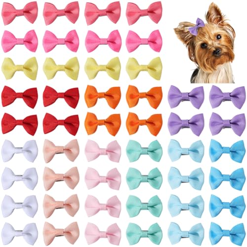 CREATCABIN 48Pcs Dog Hair Bows Small Cute Puppy Bowknot Hair Bows with Clips Handmade Bow Bulk for Doggies Dogs Cat Kitten Rabbit Pet Grooming Accessories Christmas Birthday Party 12 Colors 1.4x0.9in