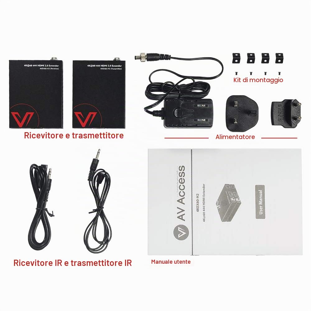 AV Access Estensore HDMI UPT 50m 4K60Hz, HDR10 e 3D, 2.0, HDCP 2.2, Gestione EDID + CEC, PoE a 2 Vie + IR + RS232, Estensore Su Ethernet Tramite Cavo Cat6/6a/7
