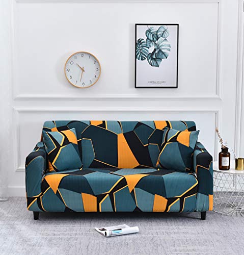 Hotniu Stretch Sofa Cover Printed Couch Covers Loveseat Slipcovers For 2 Cushion Couches Sofas Non Slip Soft Washable Furniture Protector With 1 Pillowcase (Medium, Blue Yellow Geometry) #TOP1