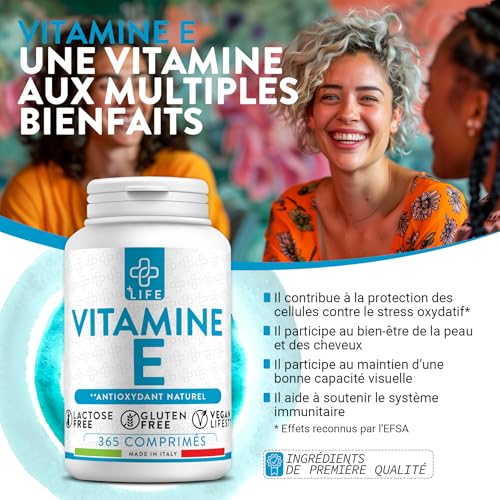 Vitamine E Pure 120mg Par Dose 178UI PiùLife, 365 Comprimés Complément Alimentaire Vitamine E Visage Peau, Yeux Vue, Vitamine Cheveux, Bien-être Antioxydant, 2 Comprimés Par Jour – Image 3