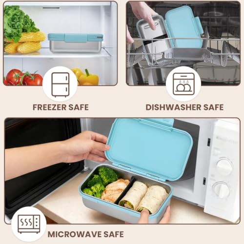 Image of JSLOVE Stainless Steel Lunch Bento Box for Adult, 30oz Leak-Proof Lunch Container, Stainless Metal Kid Bento Box with Adjustable Divider, Sauce Container, Microwave, Dishwasher & Freezer Safe(Blue)