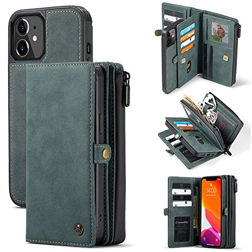 CaseMe Funda para iPhone 12/12 Pro, Multifuncional Flip Folio Zipper Wallet 2 in 1 Billetera Funda de Cuero con Tarjeta Ranuras y Magnetic Back Cover para iPhone 12/12 Pro 6.1'' (Azul)