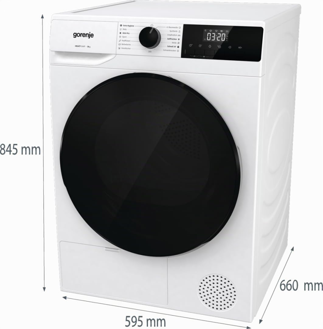 Gorenje DHNA92/DE 9kg Wärmepumpentrockner, 59,5 cm breit, 15 Programme, Knitterschutz, LED Display, Kindersicherung, Feuchtesensor, weiß