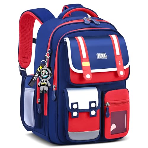 Amythe Schulranzen für Jungen 2.-5. Klasse, Kinder Schulrucksack 25 L, Ergonomisch Wasserdicht, Lässiger Rucksack mit Anhänger für Jungen 8-12 Jahre für Schule & Reise, Blau Rot