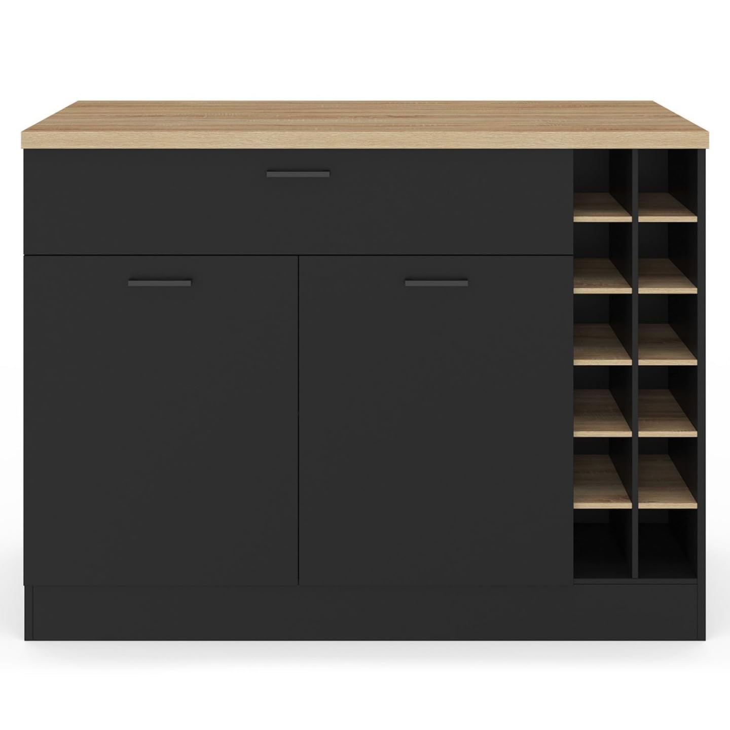 IDMarket - Ilot Central George avec Range-Bouteilles Placard et tiroir Bois Noir avec Plan de Travail façon hêtre