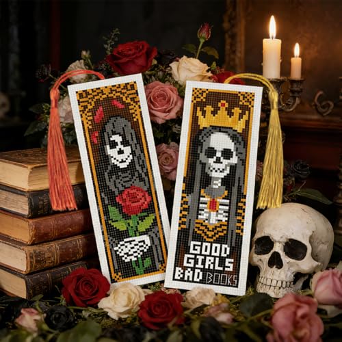 Image of ACRNIGHEET 6PCS Cross Stitch Bookmark Kit for Beginner Gothic Stamped Cross Stitch Kits Needlepoint Kit for Adults DIY Tassel Embroidery Bookmark Kits with Instructions Craft Gift 8.5 inchx3 inch 11CT