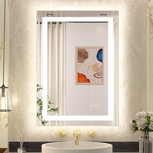 TETOTE LED Bathroom Mirror 20x28 Frontlit & Backlit Lighted Vanity Mirror Anti Fog Stepless Dimmable 3 Colors White/Warm/Natural,CRI90+ Double Lights,Wall-Mounted(Horizontal/Vertical)