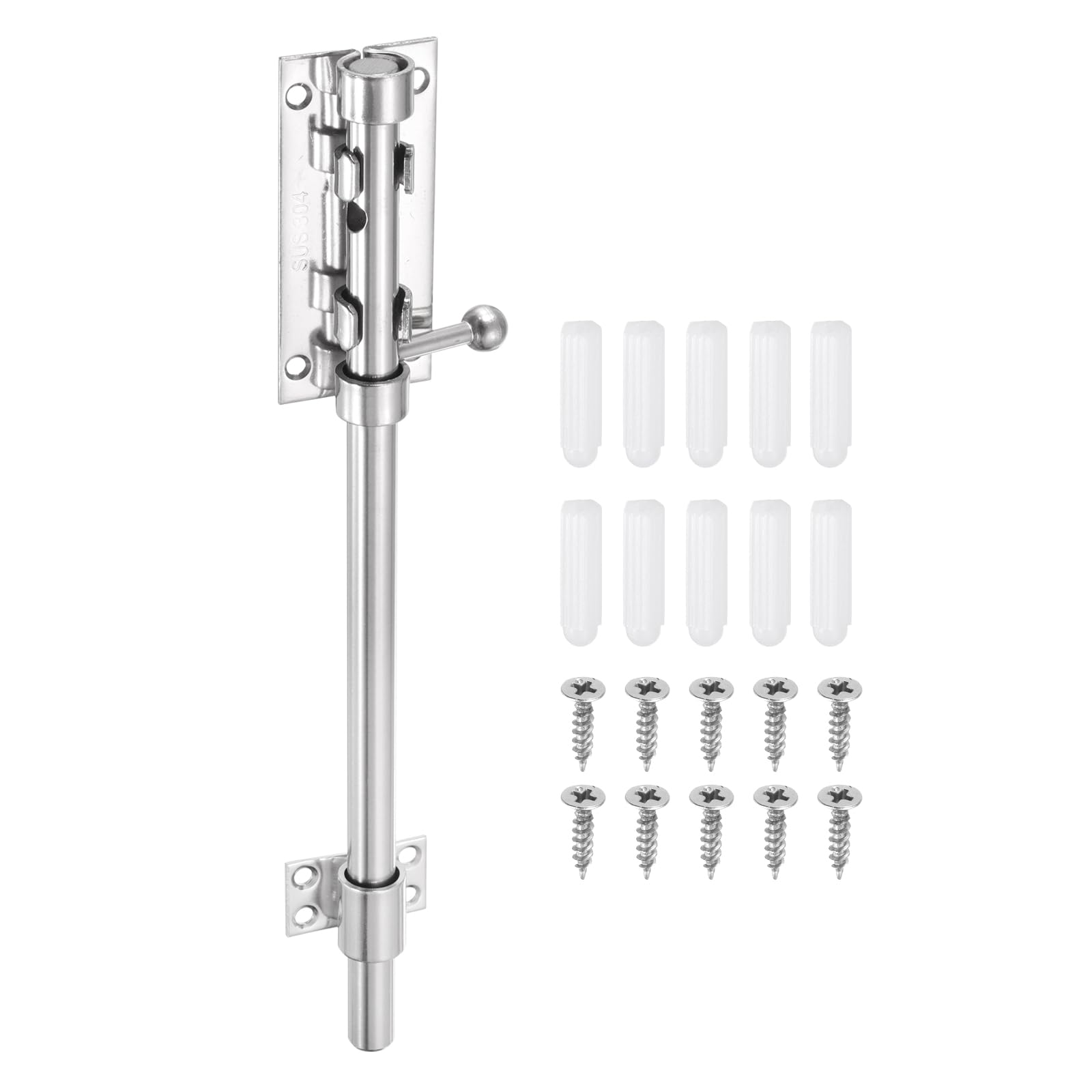 sourcing map 1-Pack Slide Bolt Latch, 12 in 304 Stainless Steel Barrel Bolt Latch Heavy Duty Door Latches Lock 14mm Dia Bar with Padlock Hole for Barn Wooden Fence Shed Door Garage [Silver]