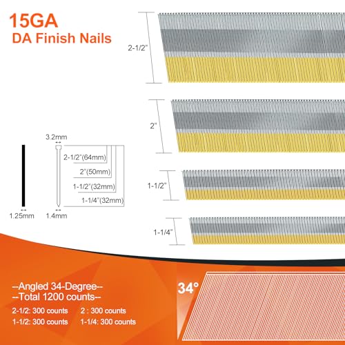 Image of PINOZE 15 Gauge DA Angled Finish Nails, 34-Degree, 1200-Pack (2-1 /2 inch, 2 inch, 1-1 /2 inch, 1-1 /4 inch 300 Per Sizes), Galvanized Assorted Size Project Pack, for Pneumatic, Electric Angled Finish Nailer Gun
