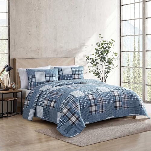 Image of Eddie Bauer - Queen Quilt Set, Reversible Cotton Bedding with Matching Shams, Patchwork Plaid Bedding Set (Hawthorne Blue, Queen)