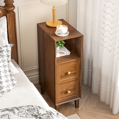 Image of Walnut Narrow Nightstand Set of 2, Mid Century Modern Small Bedside Table with 2 Drawers, Skinny Vintage Side Table, Wooden Night Stand, Slim End Table, for Living Room, Bedroom, Brown