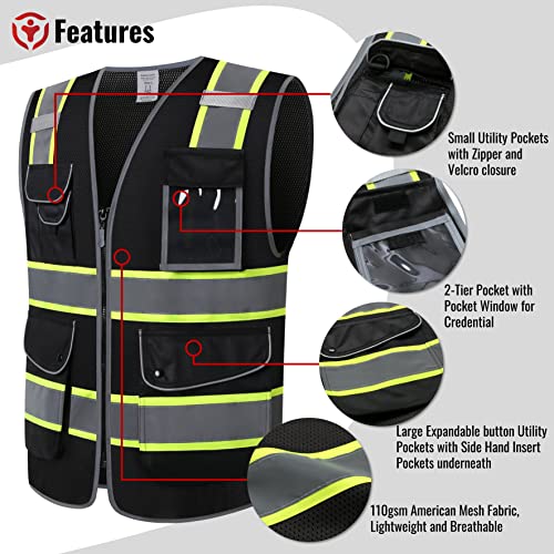 Image of Black Safety Vest Mesh High Visibility Reflective Vest for Men Women with 9 Pockets and Zipper Hi Vis Construction Vest, Meets ANSI /ISEA Class 1, (E1-Black-3XL)