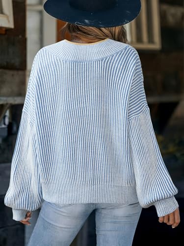 CUPSHE Womens Sweaters Oversized Sweater Loose Fit Long Sleeve Sweater V Neck Striped Pullover Sweater Tops4