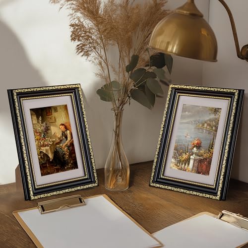 Image of eletecpro 5x7 Vintage Picture Frame, Glass Cover, Black Gold, 2-Pack | Display Photo 4x6 with Mat or 5x7 without, Horizontal or Vertical, Tabletop or Wall Decor