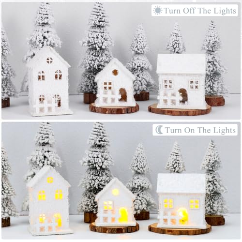 TOYANDONA Christmas Village Houses White, 3Pcs LED Lighted Christmas Village Houses Wooden Xmas Snow s for Tabletop Mantle Decor Collectible Buildings - Image 4