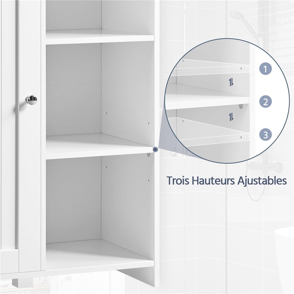 Yaheetech Salle de Bain Moderne avec Porte Unique 56 cm×30 cm×81 cm, Blanc | Meuble de Rangement avec Compartiment Ouvert et Étagères Réglables, Armoire Rangement pour Salle de Bains/Salon/Bureau