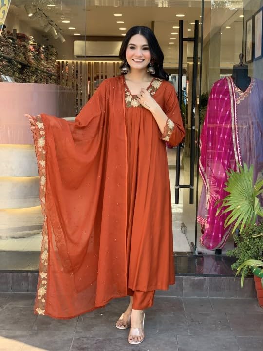 Women's Cotton Embrodiery Solid Anarkali Kurti with Pant and Mulmul Dupatta Set