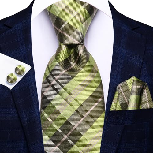 Image of Dubulle Mens Green Checks Tie and Lapel Pin Striped Floral Necktie for Men Pocket Square Cufflinks Wedding Party