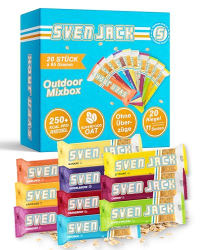 Sven Jack (Energy Cake) Haferriegel Outdoor Mix Box 20x 65g I Original Haferflocken Energieriegel I Veganer & Laktosefreier Haferriegel I Langkettige Kohlenhydrate & wenig Zucker I Müsliriegel