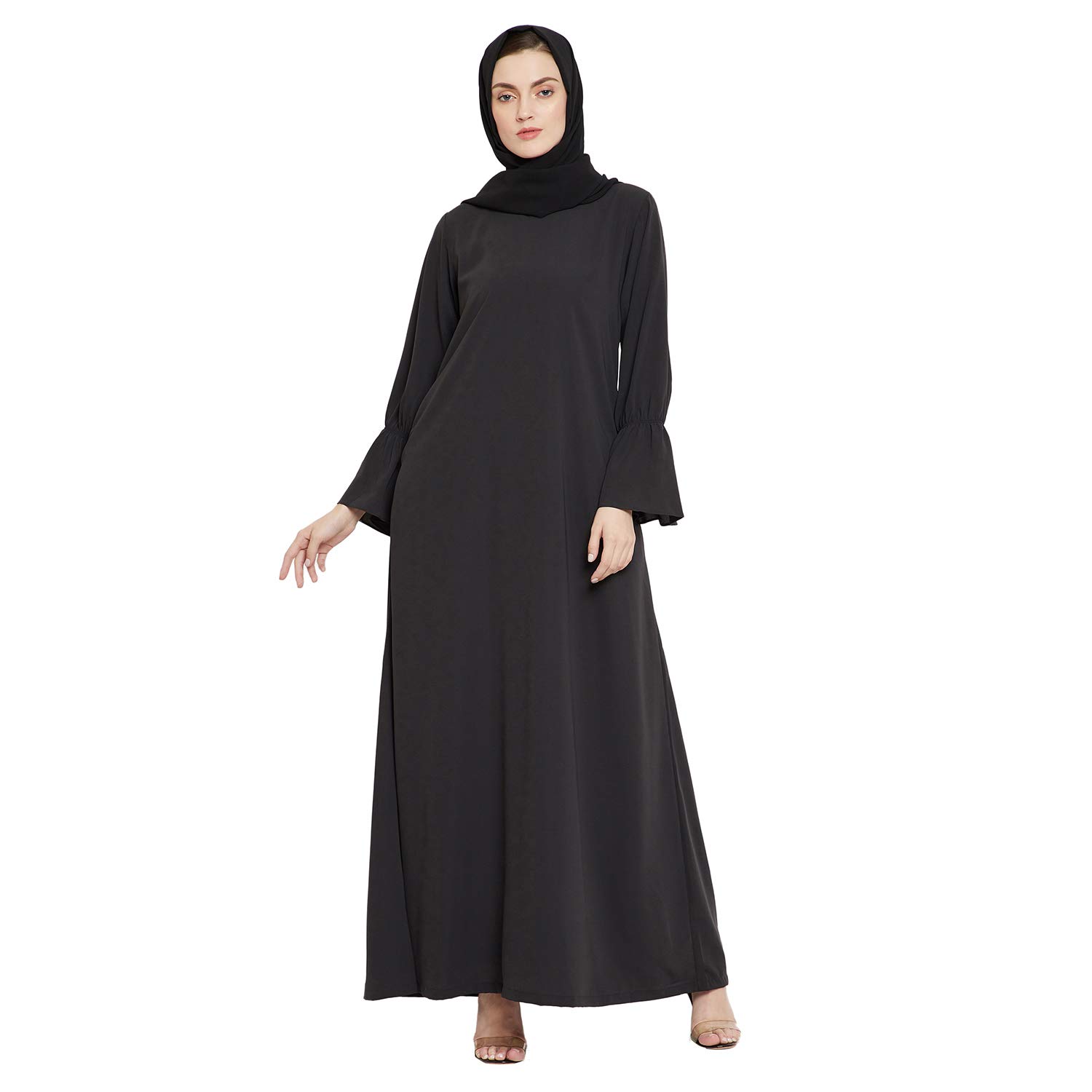 NabiaOlive Black Solid Side Pockets and Bell Sleeves A- Line Abaya For Women